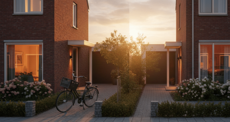 Modern Dutch residential area with two detached houses next to each other, symbolising the division of assets in divorce proceedings.