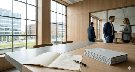 Modern Nederlands notariskantoor met contractdocumenten en due diligence mappen op een vergadertafel, met natuurlijk daglicht door grote ramen — illustratie bij een juridische gids over warranties, vrijwaringen en escrow bij bedrijfsovernames.
