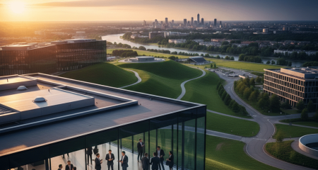 Aerial view of a modern tech campus at golden hour, featuring glass office buildings surrounded by green hills and a distant city skyline — symbolising the intersection of technology and legal risk.