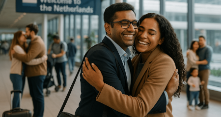 Couple embracing at airport arrival