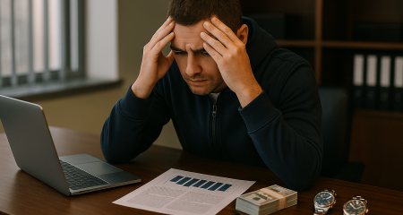 Stressed individual at a desk.