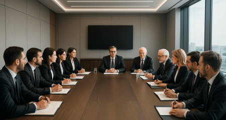 Formal meeting in a boardroom setting.