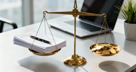 A set of gold justice scales on a white desk. One side holds a stack of legal documents and a pen, while the other holds a pile of gold coins, symbolizing the cost of legal services or financial justice