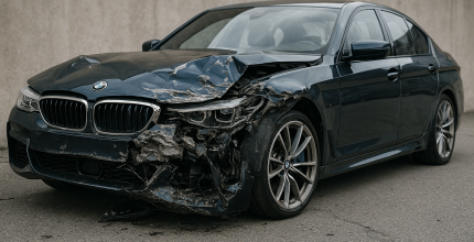 Damaged BMW with significant front impact.