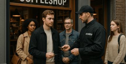 Group outside coffee shop entrance.