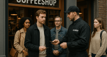 Group outside coffee shop entrance.