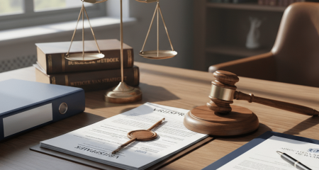 Professional desk with legal documents regarding false accusation, inadmissibility ruling and criminal defense against malicious accuser