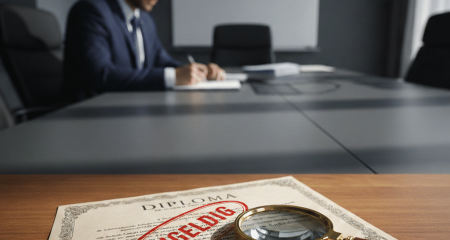 Invalid diploma under magnifying glass — illustration for article about diploma fraud
