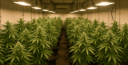 Indoor cannabis plants under grow lights