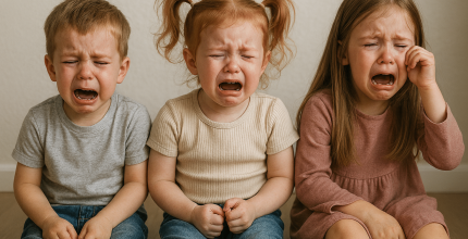 Three children sitting on floor.