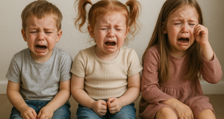 Three children sitting on floor.