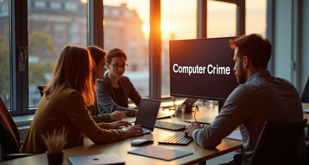 Dutch office workers collaborating on cybersecurity with 'Computer Crime' text on monitor