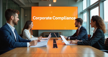 Business team reviewing compliance in bright Amsterdam boardroom