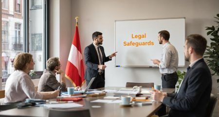 Dutch professionals discuss documents in a modern office with Legal Safeguards on whiteboard.