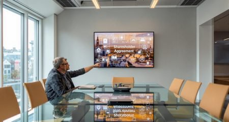 Dutch business team discusses shareholder agreement with digital screen in boardroom