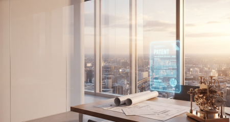 Modern office at golden hour with technical blueprints, a patent document, and a brass prototype on a sleek desk, overlooking a city skyline