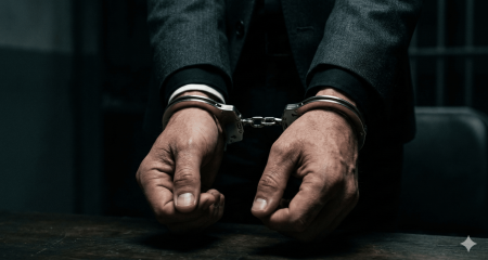 Handen van een man in een donker pak met zilveren handboeien tegen een donkere achtergrond