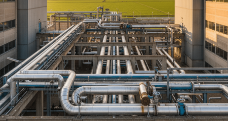 Landscape image of an industrial steam pipeline network at a large-scale chemical production site in the Netherlands, photographed during golden hour. Insulated steel pipelines running through a concrete pipe rack between industrial buildings, with visible flanges, valves and expansion loops