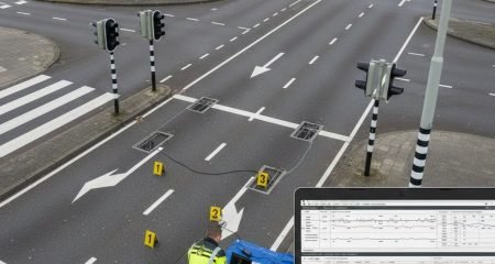 Forensic traffic investigator analyzing induction loops embedded in Dutch road surface at intersection for traffic criminal case, aerial view showing detection systems