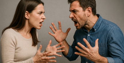 Couple arguing with expressive gestures.