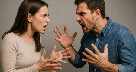 Couple arguing with expressive gestures.