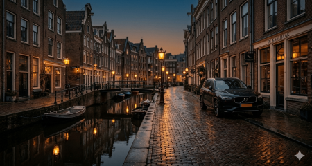 Dusk over a narrow Dutch canal street with lit warehouses, wet cobblestones and a parked black SUV