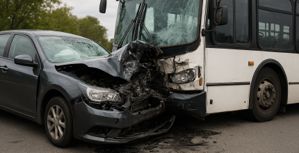 Severe collision between bus and car.