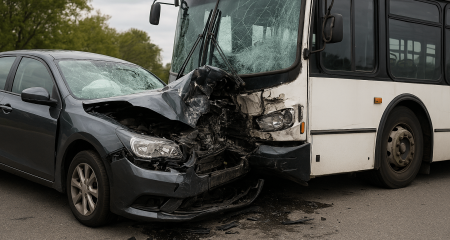 Severe collision between bus and car.