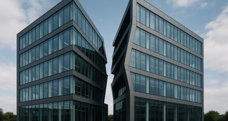 Two modern buildings with angular design.