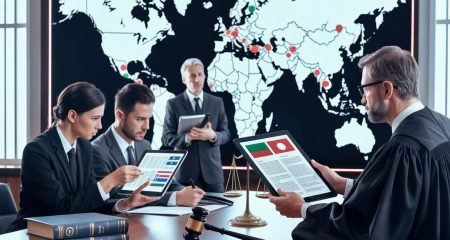 Een moderne rechtszaal waar een rechter en advocaten documenten bespreken met een wereldkaart op de achtergrond die landen markeert.