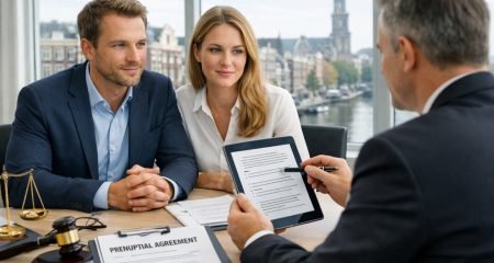 A Dutch couple consulting a lawyer in a bright office with legal documents on the desk and a city view in the background.
