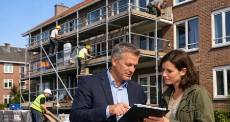 A landlord and tenant discussing documents outside a Dutch apartment building under renovation with workers on scaffolding.