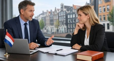 Two professionals in an office discussing documents at a conference table with a city view featuring Dutch architecture in the background.