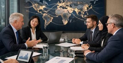 A diverse group of business professionals in a modern conference room discussing documents and laptops, with a world map in the background.