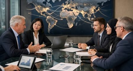 A diverse group of business professionals in a modern conference room discussing documents and laptops, with a world map in the background.