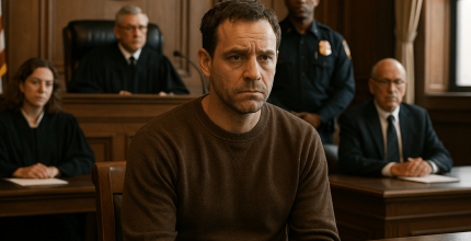 Man seated in courtroom, judges present.