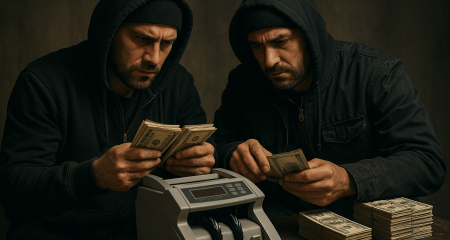 Counting cash with a money counter.